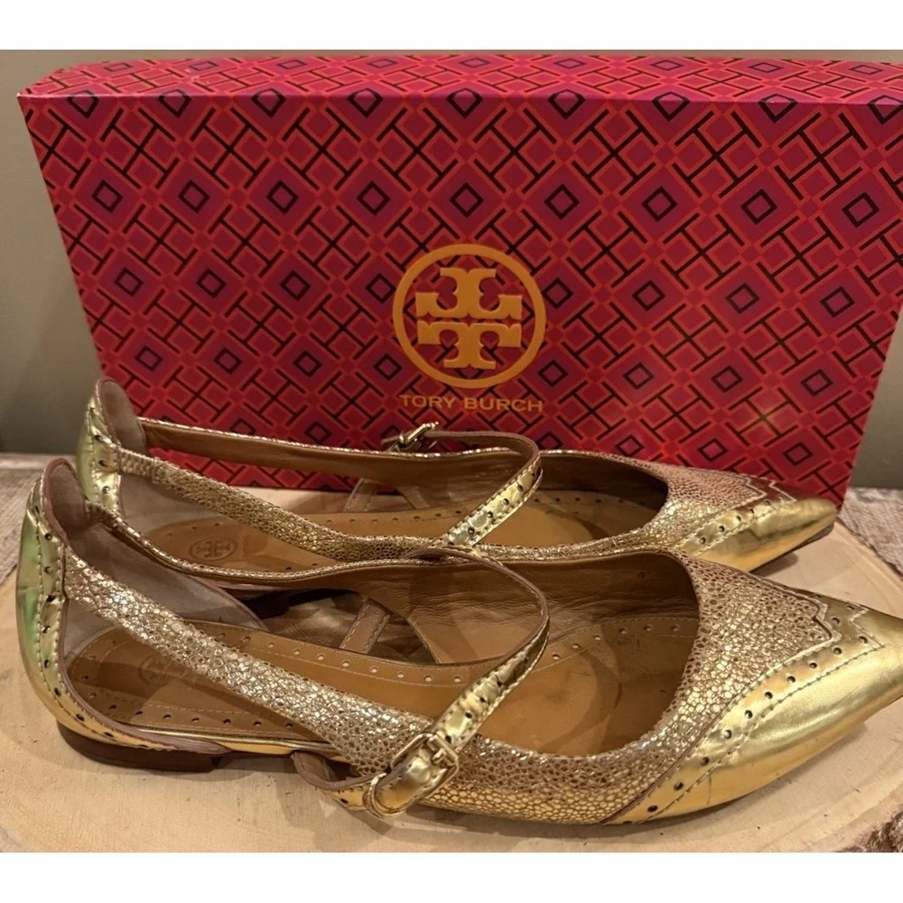 Tory Burch Bernadette 9M metallic Gold leather Mary Jane pointed-toe flats 358$ - Picture 8 of 14